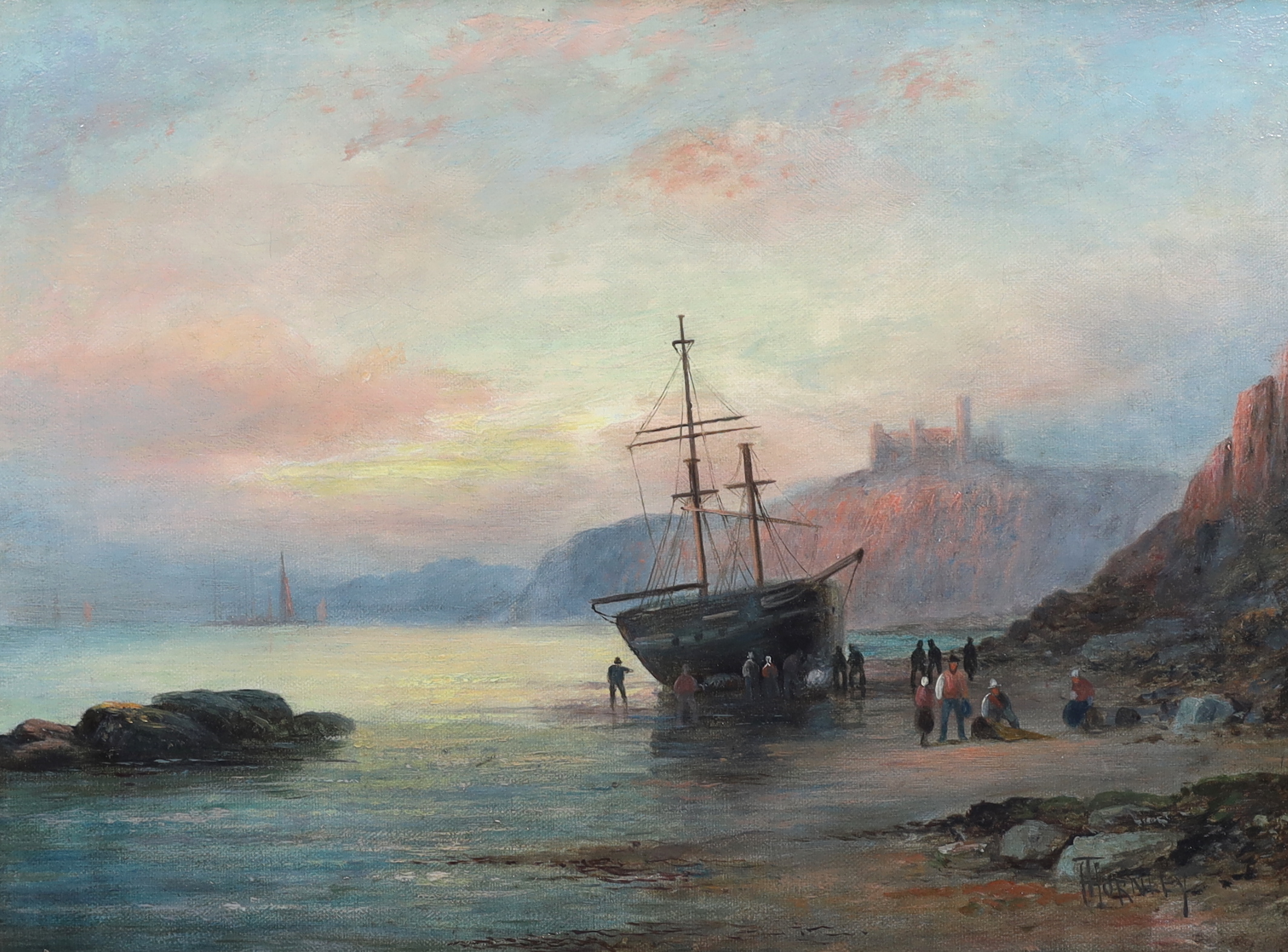 Hubert Thornley (William Anslow Thornley) (fl.1859-1898), Beached ship on the shore near Whitby, oil on canvas, 30 x 40cm